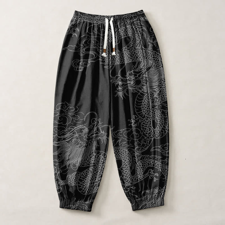 Buddha Stones Pantaloni harem da uomo in puro cotone con coulisse e tasche, fantasia drago e nuvole di buon auspicio. - image 13