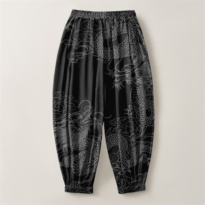 Buddha Stones Pantaloni harem da uomo in puro cotone con coulisse e tasche, fantasia drago e nuvole di buon auspicio. - image 14