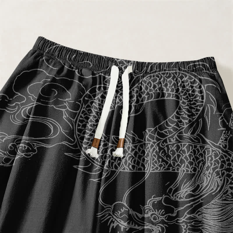Buddha Stones Pantaloni harem da uomo in puro cotone con coulisse e tasche, fantasia drago e nuvole di buon auspicio. - image 15