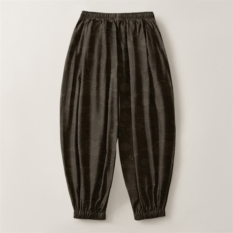 Buddha Stones Pantaloni harem da uomo in puro cotone con coulisse e tasche, motivo tradizionale a medaglione di nuvole. - image 2