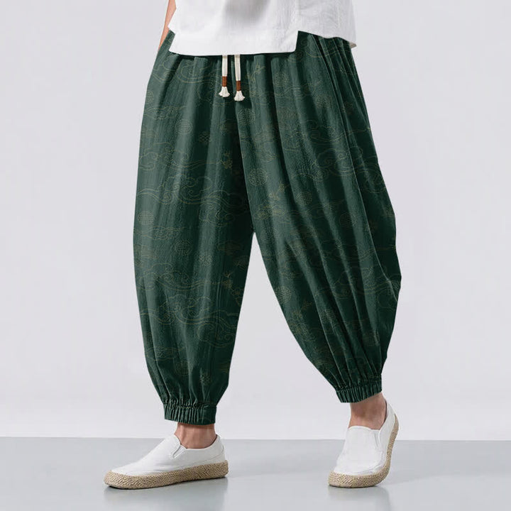Buddha Stones Pantaloni harem da uomo in puro cotone con coulisse e tasche, motivo tradizionale a medaglione di nuvole. - Verde scuro - US/UK/AU50, EU60 (5XL) - image 6