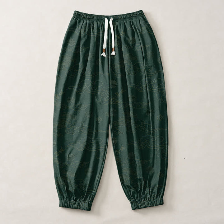 Buddha Stones Pantaloni harem da uomo in puro cotone con coulisse e tasche, motivo tradizionale a medaglione di nuvole. - image 7