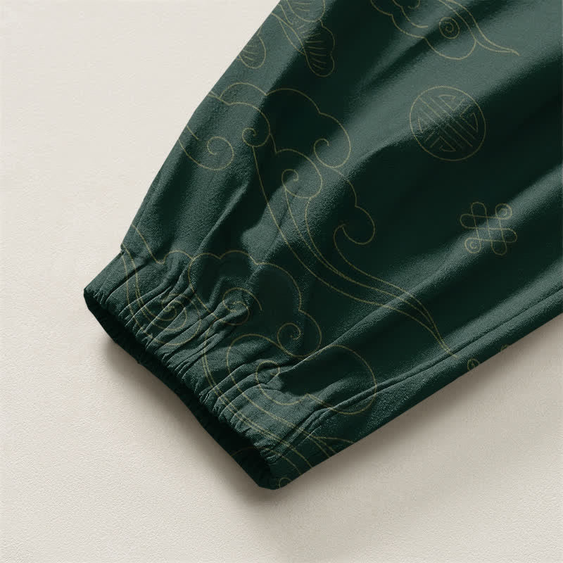 Buddha Stones Pantaloni harem da uomo in puro cotone con coulisse e tasche, motivo tradizionale a medaglione di nuvole. - image 10