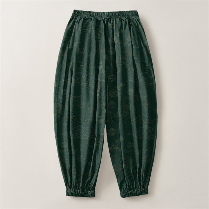 Buddha Stones Pantaloni harem da uomo in puro cotone con coulisse e tasche, motivo tradizionale a medaglione di nuvole. - image 8