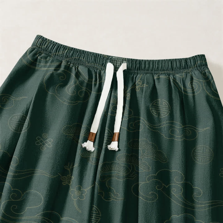 Buddha Stones Pantaloni harem da uomo in puro cotone con coulisse e tasche, motivo tradizionale a medaglione di nuvole. - image 9