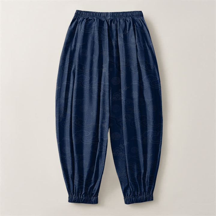 Buddha Stones Pantaloni harem da uomo in puro cotone con coulisse e tasche, motivo tradizionale a medaglione di nuvole. - image 14