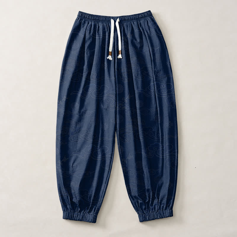 Buddha Stones Pantaloni harem da uomo in puro cotone con coulisse e tasche, motivo tradizionale a medaglione di nuvole. - image 13