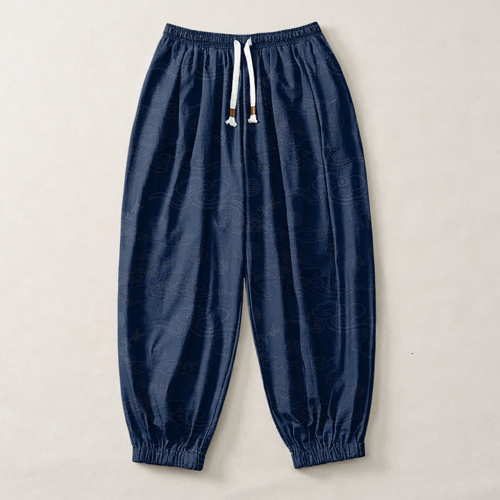 Buddha Stones Pantaloni harem da uomo in puro cotone con coulisse e tasche, motivo tradizionale a medaglione di nuvole. - image 13