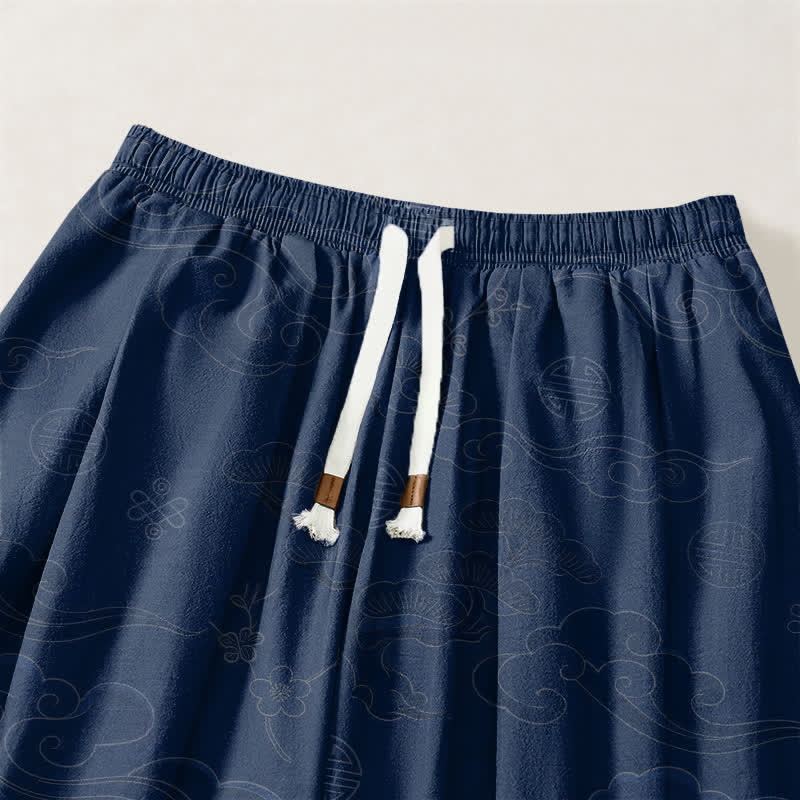 Buddha Stones Pantaloni harem da uomo in puro cotone con coulisse e tasche, motivo tradizionale a medaglione di nuvole. - image 15