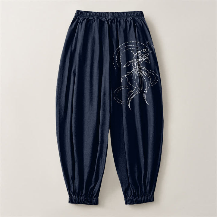 Buddha Stones Pantaloni harem da uomo in puro cotone con coulisse e tasche, fantasia a pesci koi. - image 2