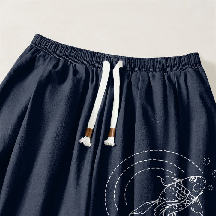 Buddha Stones Pantaloni harem da uomo in puro cotone con coulisse e tasche, fantasia a pesci koi. - image 3