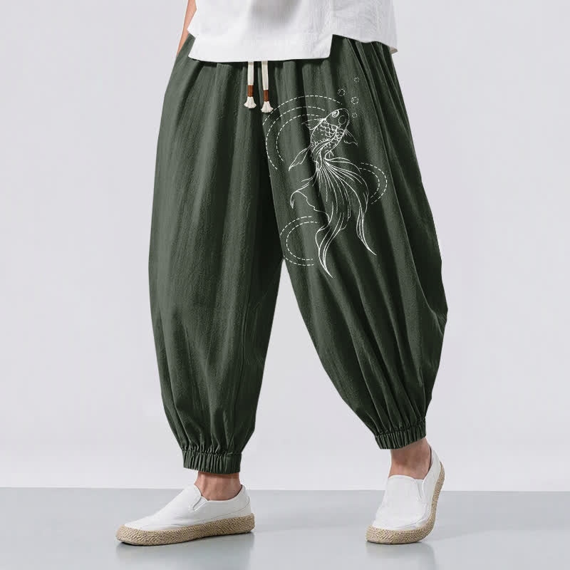 Buddha Stones Pantaloni harem da uomo in puro cotone con coulisse e tasche, fantasia a pesci koi. - Verde scuro - US/UK/AU50, EU60 (5XL) - image 6