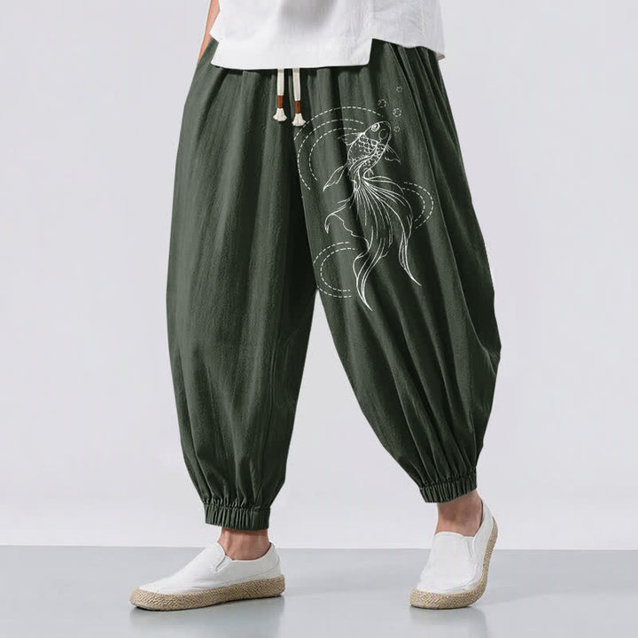 Buddha Stones Pantaloni harem da uomo in puro cotone con coulisse e tasche, fantasia a pesci koi. - Verde scuro - US/UK/AU50, EU60 (5XL) - image 6