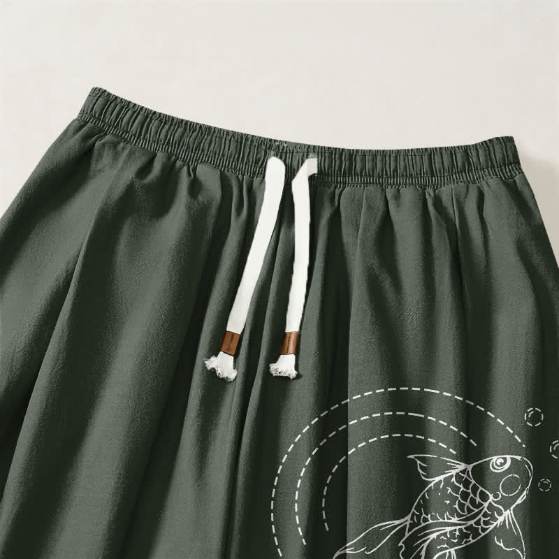Buddha Stones Pantaloni harem da uomo in puro cotone con coulisse e tasche, fantasia a pesci koi. - image 9