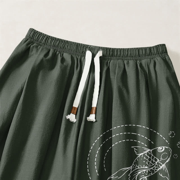 Buddha Stones Pantaloni harem da uomo in puro cotone con coulisse e tasche, fantasia a pesci koi. - image 9