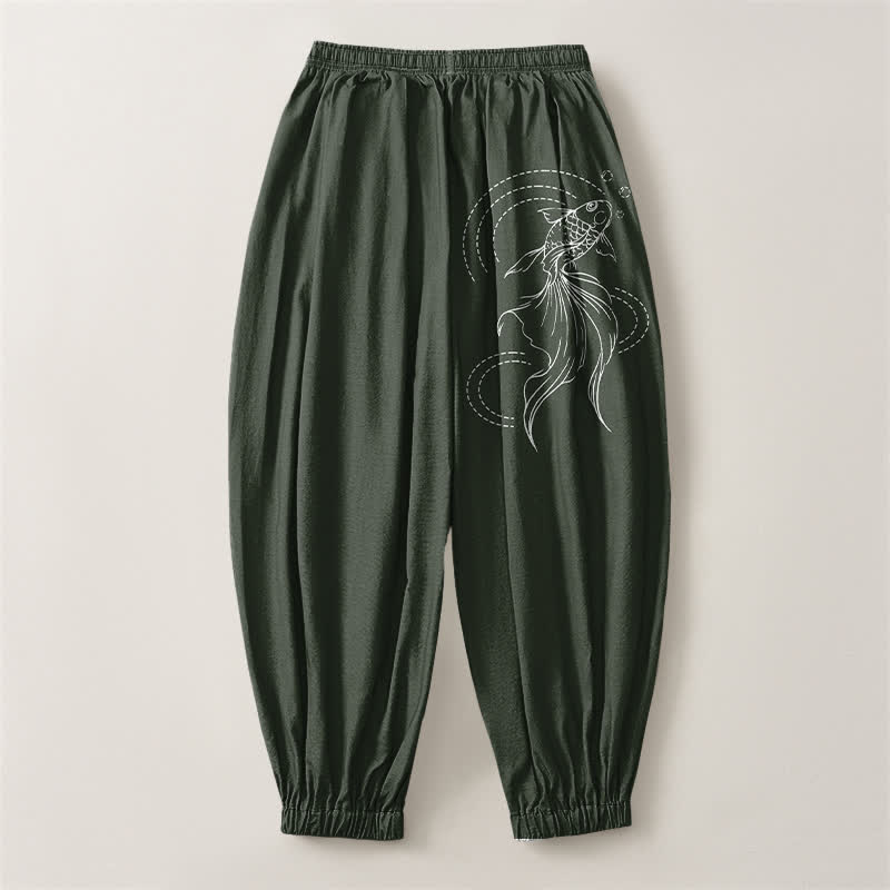 Buddha Stones Pantaloni harem da uomo in puro cotone con coulisse e tasche, fantasia a pesci koi. - image 8