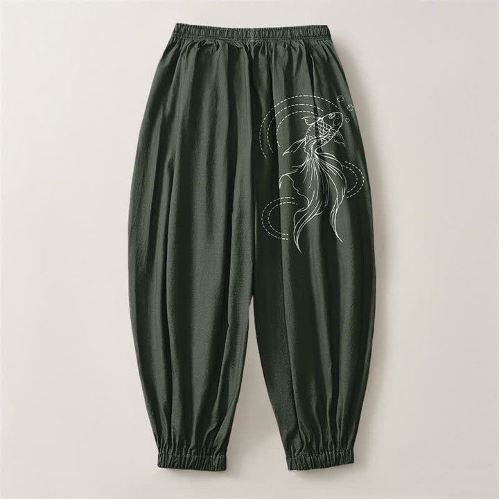 Buddha Stones Pantaloni harem da uomo in puro cotone con coulisse e tasche, fantasia a pesci koi. - image 8