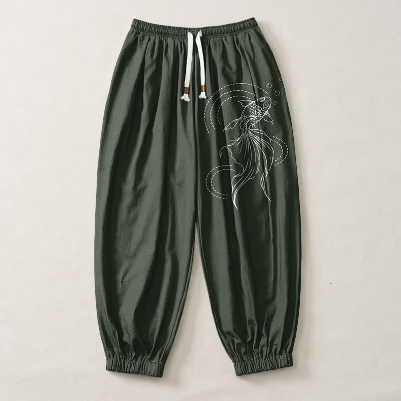 Buddha Stones Pantaloni harem da uomo in puro cotone con coulisse e tasche, fantasia a pesci koi. - image 7