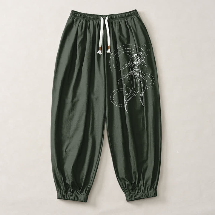 Buddha Stones Pantaloni harem da uomo in puro cotone con coulisse e tasche, fantasia a pesci koi. - image 7