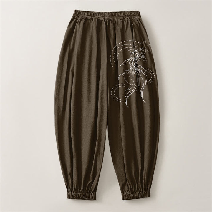 Buddha Stones Pantaloni harem da uomo in puro cotone con coulisse e tasche, fantasia a pesci koi. - image 14