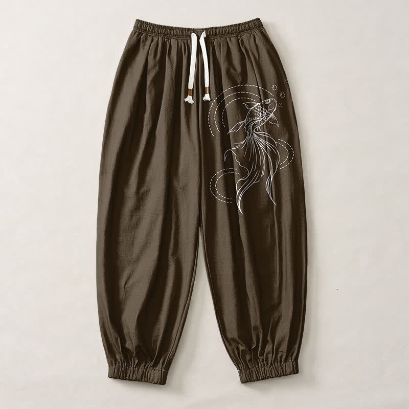 Buddha Stones Pantaloni harem da uomo in puro cotone con coulisse e tasche, fantasia a pesci koi. - image 13