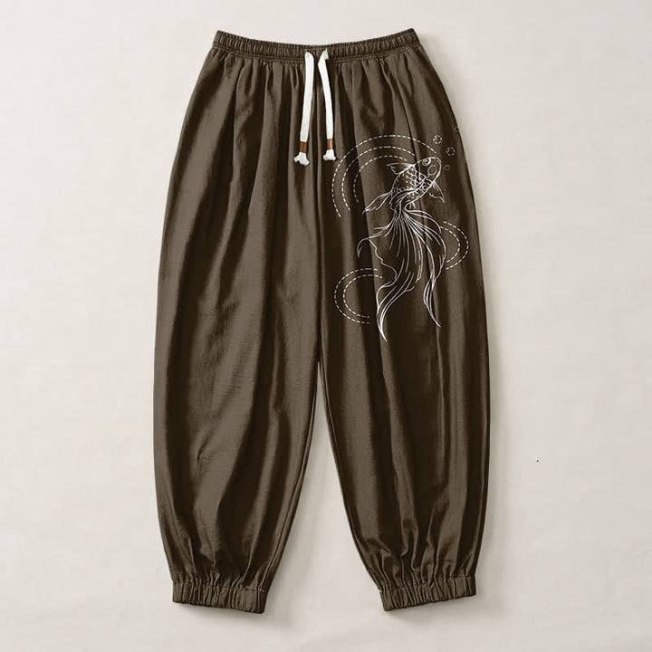 Buddha Stones Pantaloni harem da uomo in puro cotone con coulisse e tasche, fantasia a pesci koi. - image 13