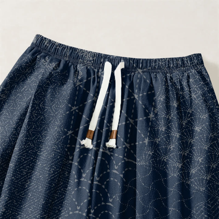Buddha Stones Pantaloni harem da uomo in puro cotone con coulisse e tasche, fantasia geometrica a onde. - image 3