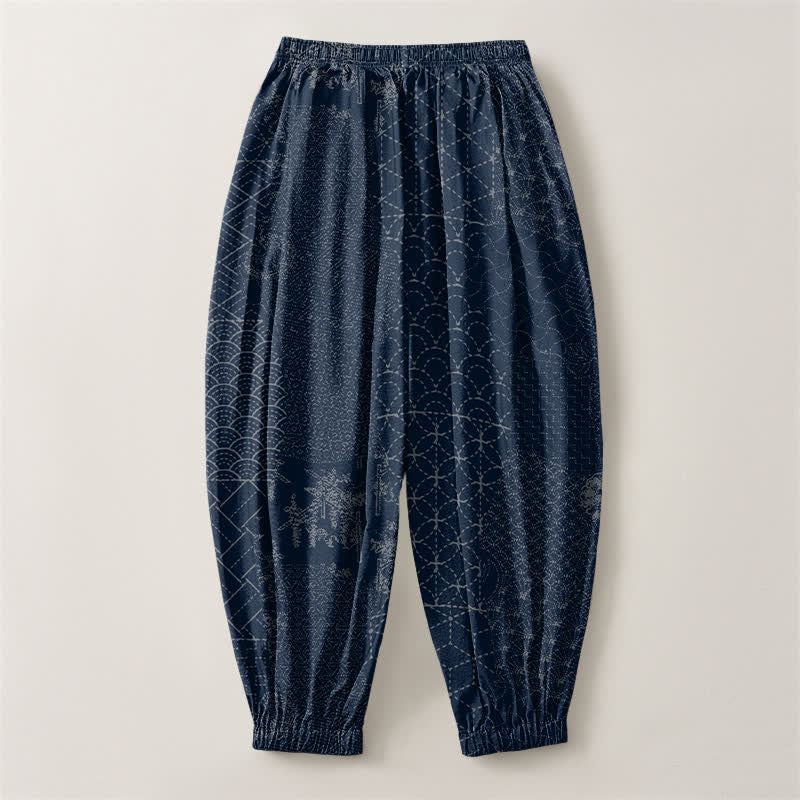 Buddha Stones Pantaloni harem da uomo in puro cotone con coulisse e tasche, fantasia geometrica a onde. - image 2