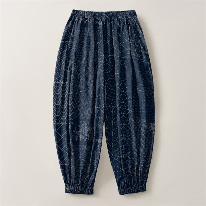 Buddha Stones Pantaloni harem da uomo in puro cotone con coulisse e tasche, fantasia geometrica a onde. - image 2
