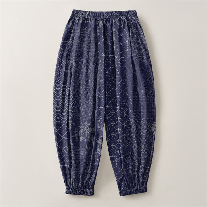 Buddha Stones Pantaloni harem da uomo in puro cotone con coulisse e tasche, fantasia geometrica a onde. - image 8