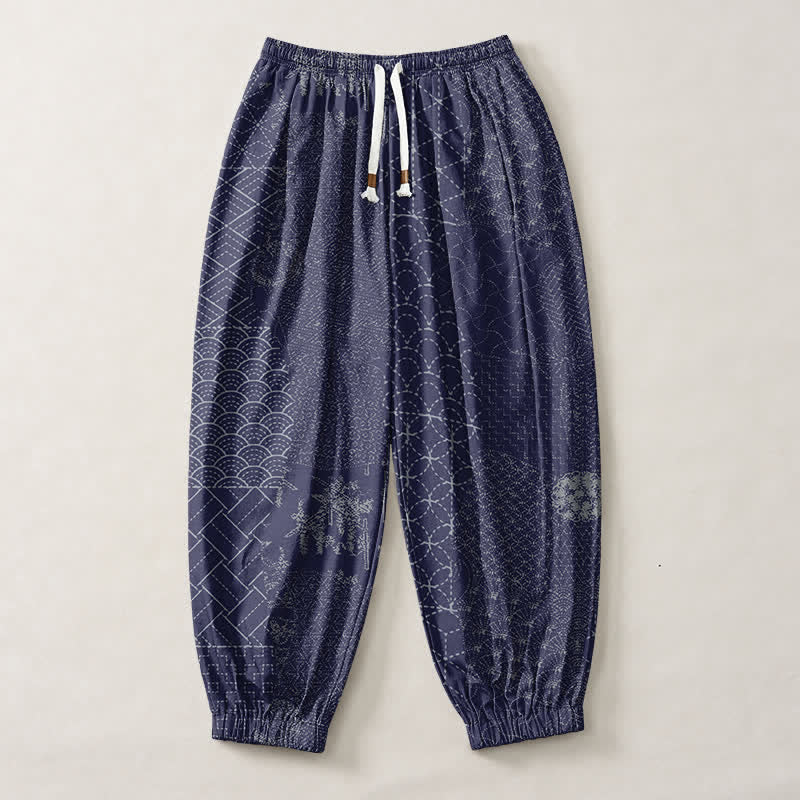 Buddha Stones Pantaloni harem da uomo in puro cotone con coulisse e tasche, fantasia geometrica a onde. - image 7
