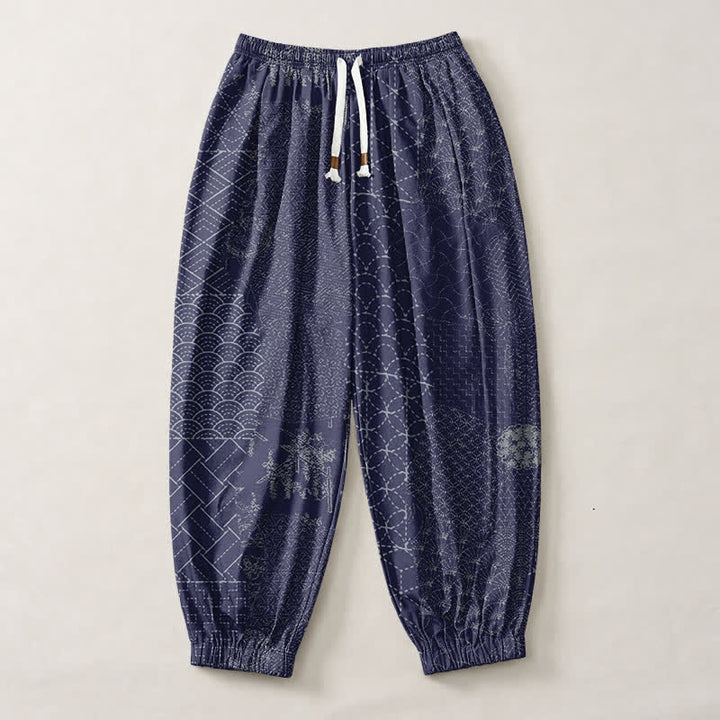Buddha Stones Pantaloni harem da uomo in puro cotone con coulisse e tasche, fantasia geometrica a onde. - image 7