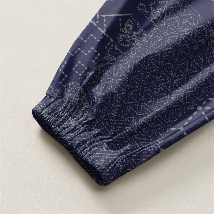 Buddha Stones Pantaloni harem da uomo in puro cotone con coulisse e tasche, fantasia geometrica a onde. - image 10