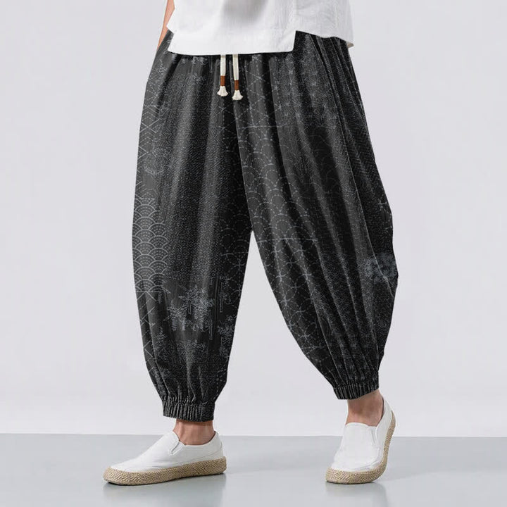 Buddha Stones Pantaloni harem da uomo in puro cotone con coulisse e tasche, fantasia geometrica a onde. - Nero - US/UK/AU50, EU60 (5XL) - image 12