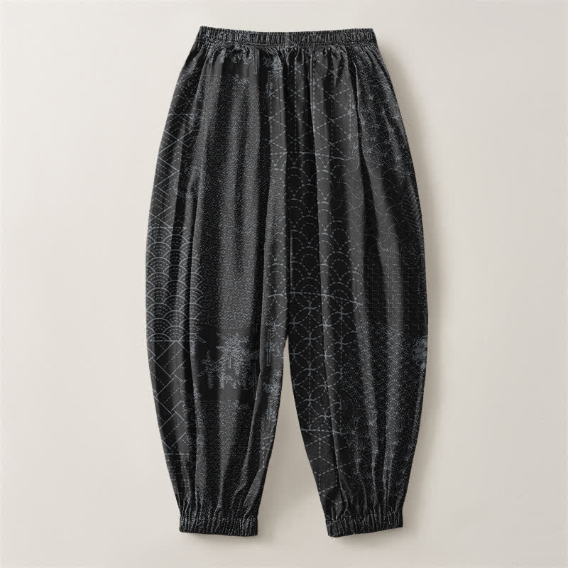 Buddha Stones Pantaloni harem da uomo in puro cotone con coulisse e tasche, fantasia geometrica a onde. - image 14
