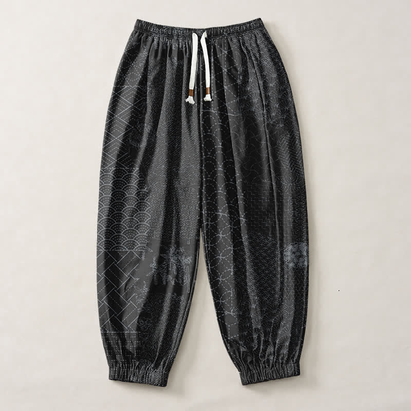 Buddha Stones Pantaloni harem da uomo in puro cotone con coulisse e tasche, fantasia geometrica a onde. - image 13