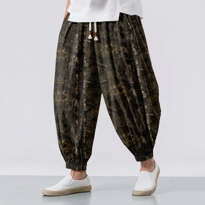 Buddha Stones Pantaloni harem da uomo in puro cotone con coulisse e tasche, fantasia mimetica effetto marmo. - Marrone sella - US/UK/AU50, EU60 (5XL) - image 0