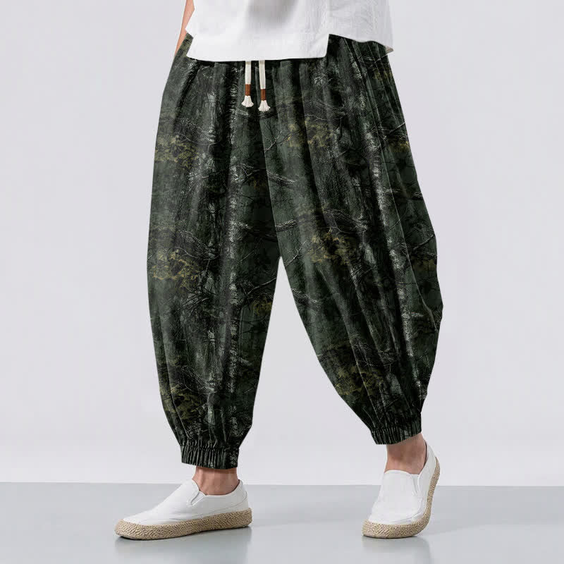 Buddha Stones Pantaloni harem da uomo in puro cotone con coulisse e tasche, fantasia mimetica effetto marmo. - Verde scuro - US/UK/AU50, EU60 (5XL) - image 12