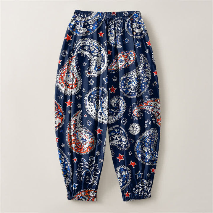 Buddha Stones Pantaloni harem da uomo in puro cotone con coulisse e tasche, fantasia paisley a stelle. - image 2