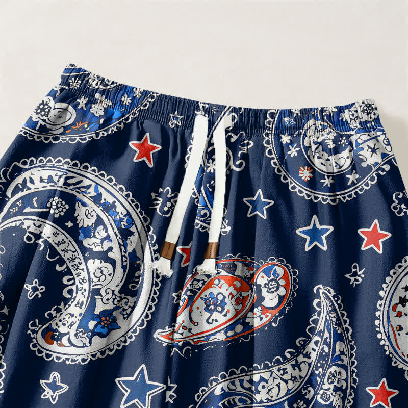 Buddha Stones Pantaloni harem da uomo in puro cotone con coulisse e tasche, fantasia paisley a stelle. - image 3