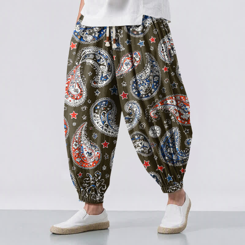 Buddha Stones Pantaloni harem da uomo in puro cotone con coulisse e tasche, fantasia paisley a stelle. - Oliva - US/UK/AU50, EU60 (5XL) - image 6