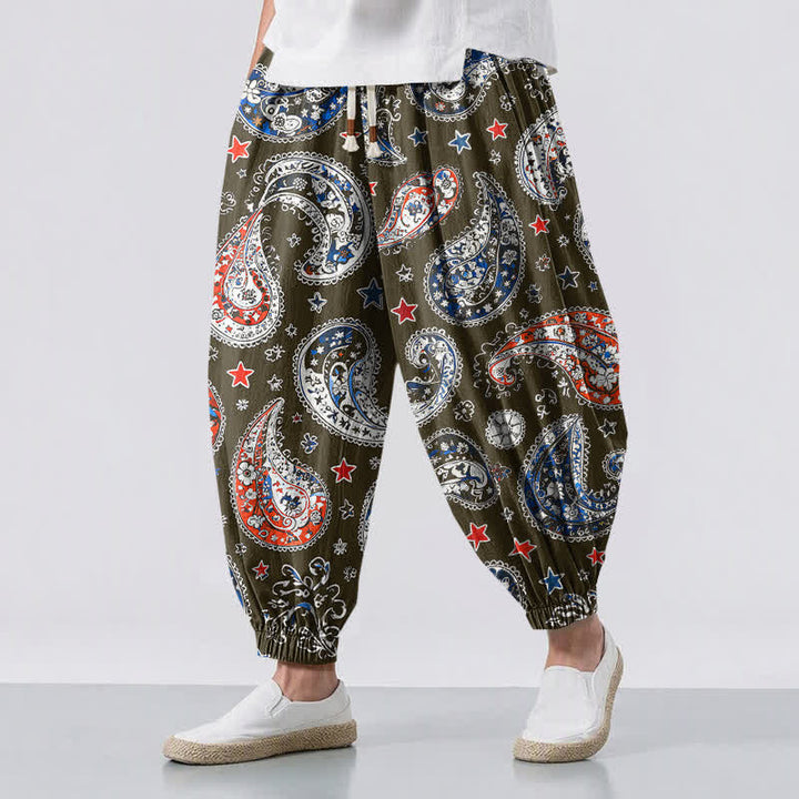 Buddha Stones Pantaloni harem da uomo in puro cotone con coulisse e tasche, fantasia paisley a stelle. - Oliva - US/UK/AU50, EU60 (5XL) - image 6