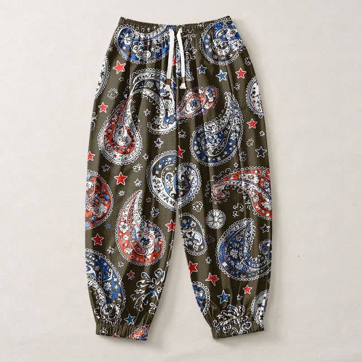 Buddha Stones Pantaloni harem da uomo in puro cotone con coulisse e tasche, fantasia paisley a stelle. - image 7