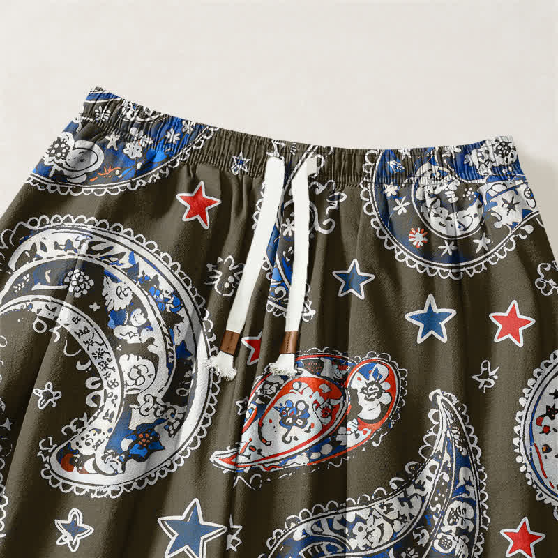 Buddha Stones Pantaloni harem da uomo in puro cotone con coulisse e tasche, fantasia paisley a stelle. - image 9