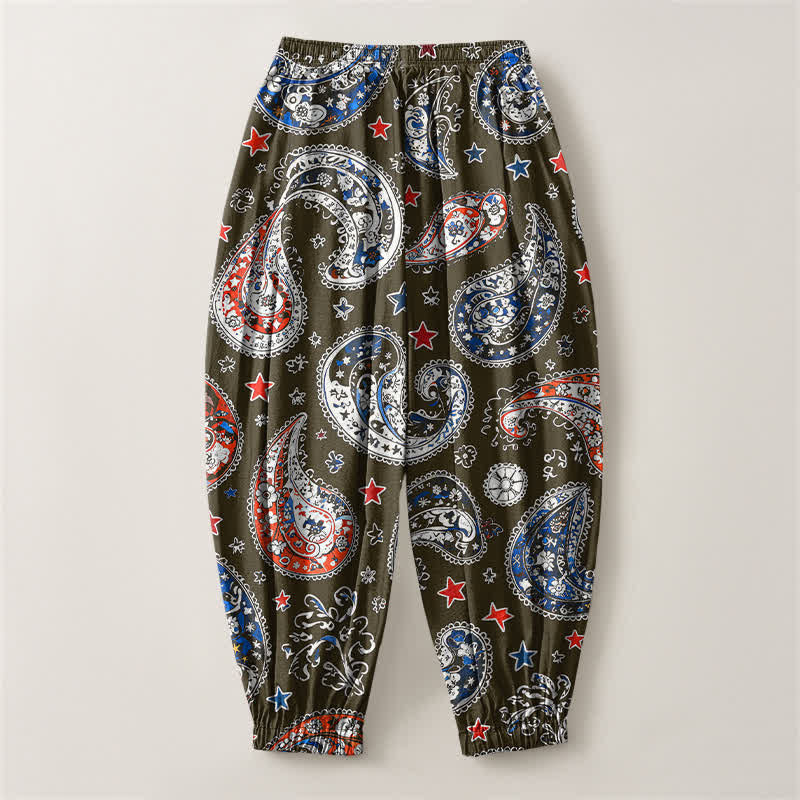 Buddha Stones Pantaloni harem da uomo in puro cotone con coulisse e tasche, fantasia paisley a stelle. - image 8
