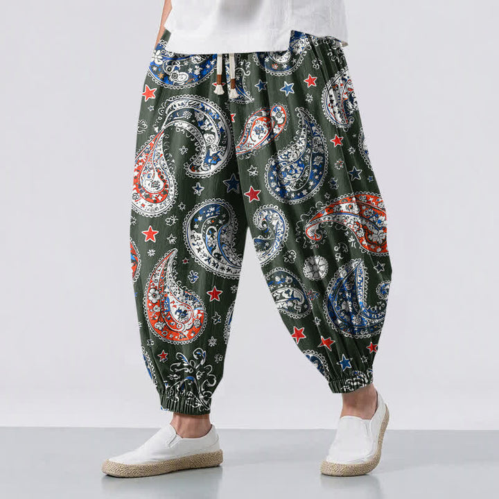Buddha Stones Pantaloni harem da uomo in puro cotone con coulisse e tasche, fantasia paisley a stelle. - Verde oliva scuro - US/UK/AU50, EU60 (5XL) - image 12