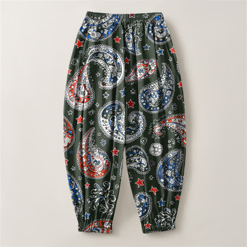 Buddha Stones Pantaloni harem da uomo in puro cotone con coulisse e tasche, fantasia paisley a stelle. - image 14