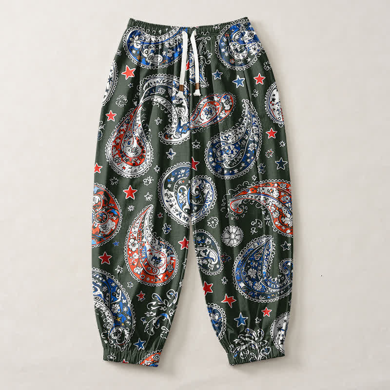Buddha Stones Pantaloni harem da uomo in puro cotone con coulisse e tasche, fantasia paisley a stelle. - image 13
