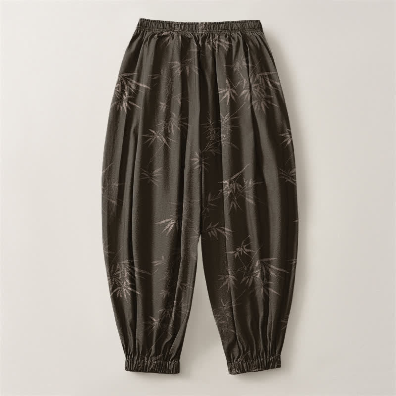 Buddha Stones Pantaloni harem da uomo in puro cotone con coulisse e tasche, fantasia a foglie di bambù. - image 2