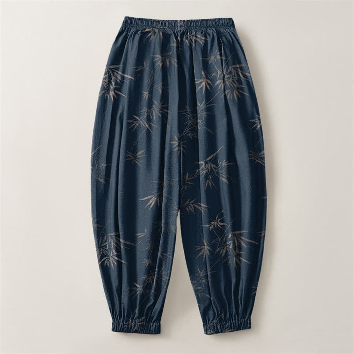 Buddha Stones Pantaloni harem da uomo in puro cotone con coulisse e tasche, fantasia a foglie di bambù. - image 8